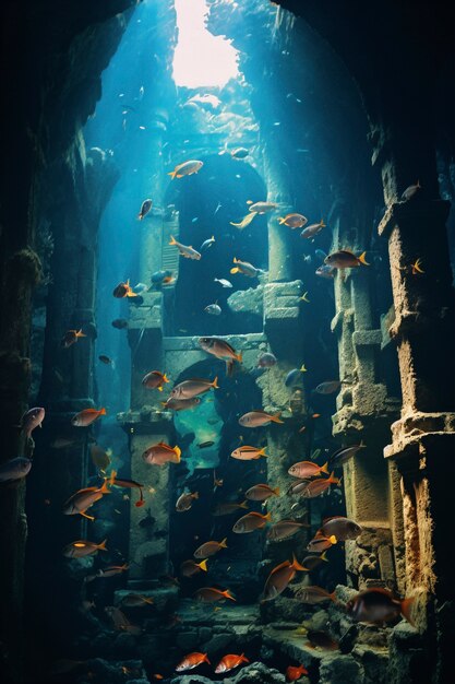 Vue des ruines archéologiques sous-marines avec la vie marine et les poissons