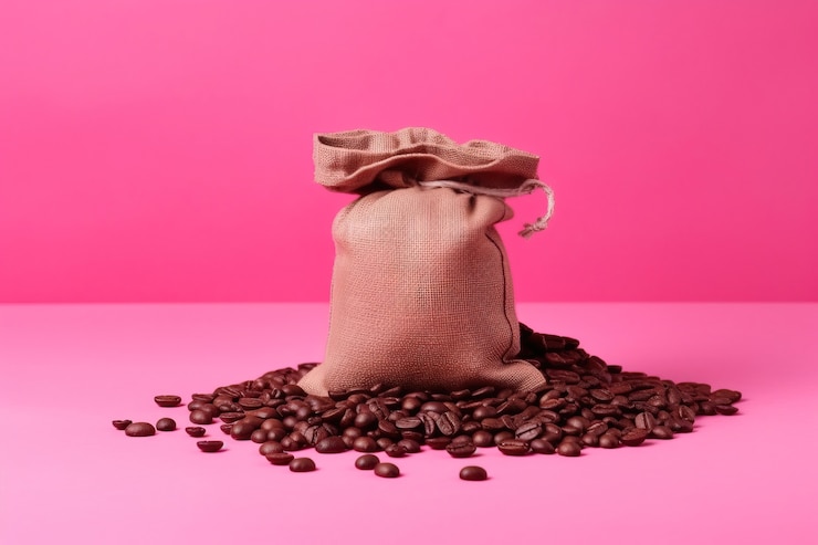 Photo gratuit vue d'un sac en toile 3d avec des grains de café torréfiés