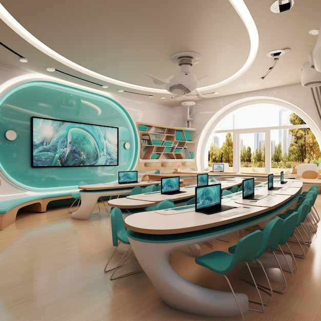 Photo gratuite vue d'une salle de classe futuriste et high-tech pour les étudiants