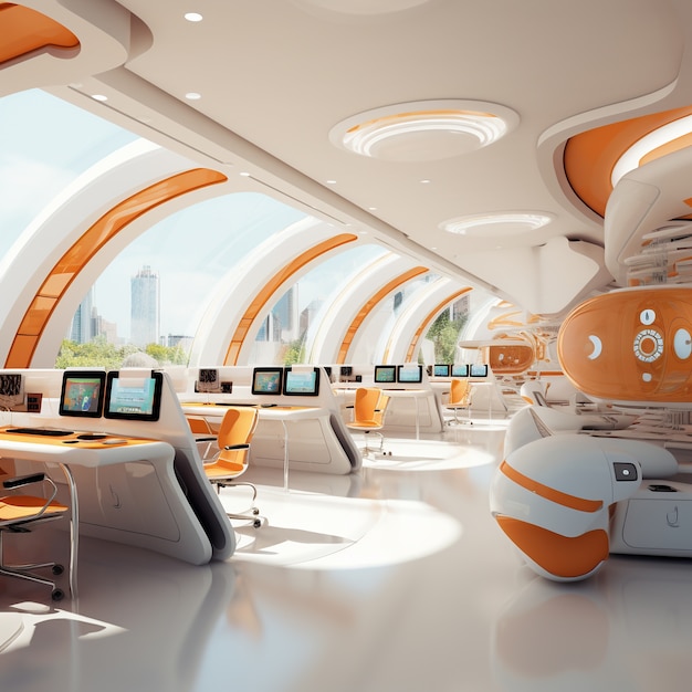 Vue d'une salle de classe futuriste pour les étudiants