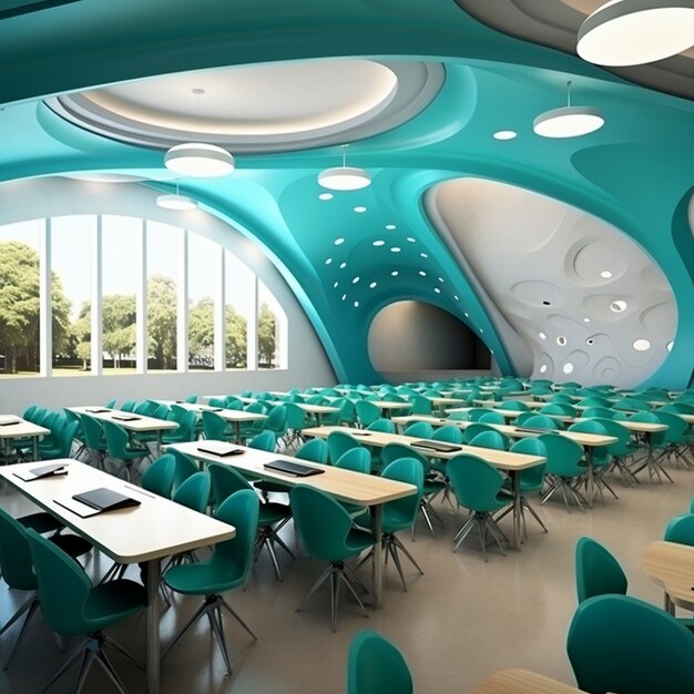 Vue d'une salle de classe futuriste pour les étudiants