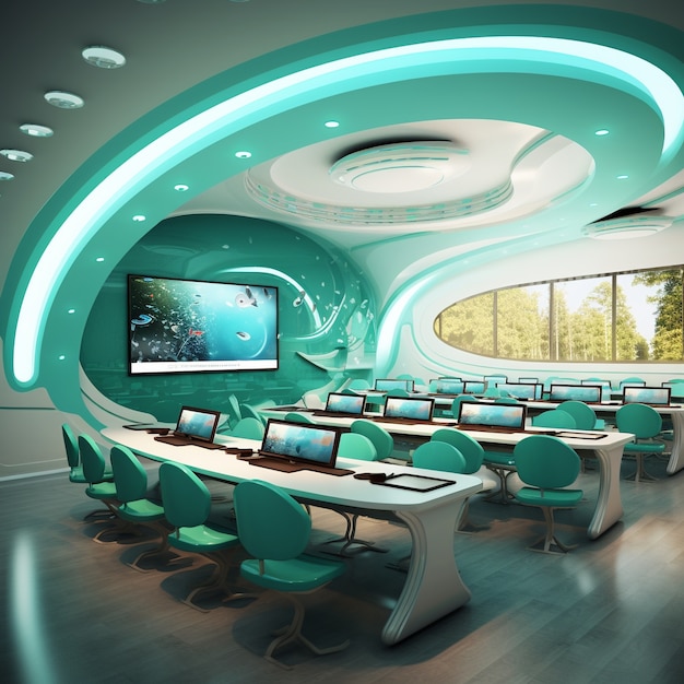 Vue d'une salle de classe futuriste pour les étudiants