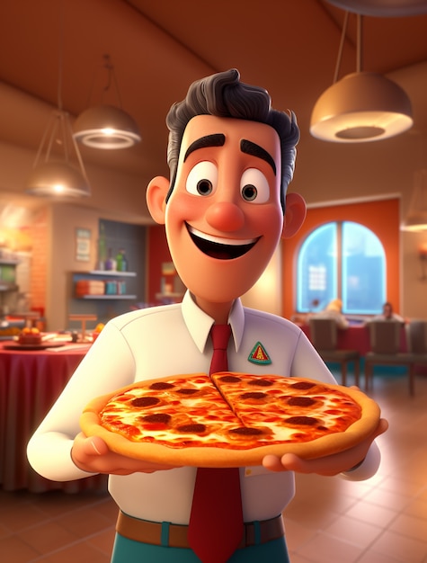 Photo gratuite vue d'un serveur de dessins animés avec une délicieuse pizza 3d