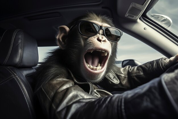 Vue d'un singe drôle conduisant une voiture