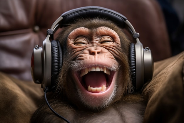 Vue d'un singe drôle écoutant des écouteurs