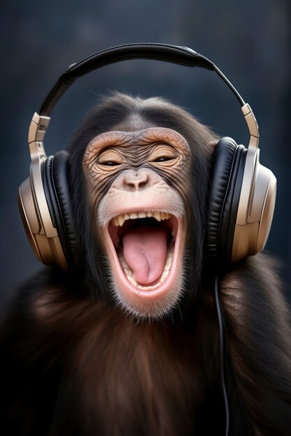 Vue d'un singe drôle écoutant des écouteurs