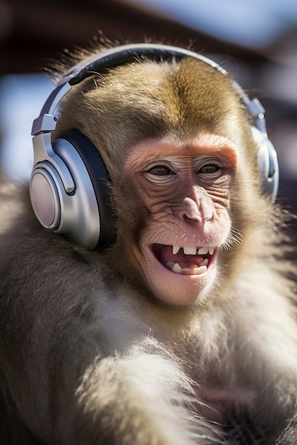 Photo gratuite vue d'un singe drôle écoutant des écouteurs