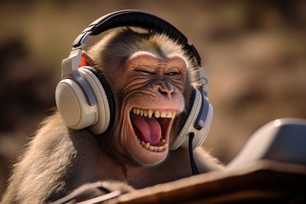 Photo gratuite vue d'un singe drôle écoutant des écouteurs