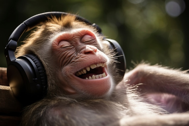 Photo gratuite vue d'un singe drôle écoutant des écouteurs