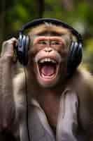 Photo gratuite vue d'un singe drôle écoutant des écouteurs