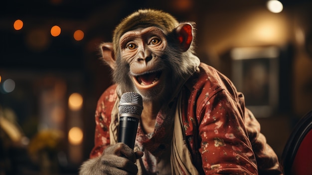 Vue d'un singe drôle avec un microphone