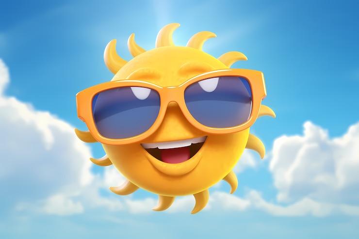 Photo gratuit vue d'un smiley 3d et d'un soleil heureux avec le ciel en arrière-plan
