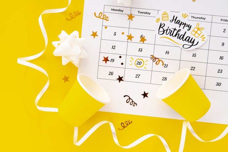Photo gratuit vue supérieure de la note d'anniversaire ajoutée dans le calendrier dynamique