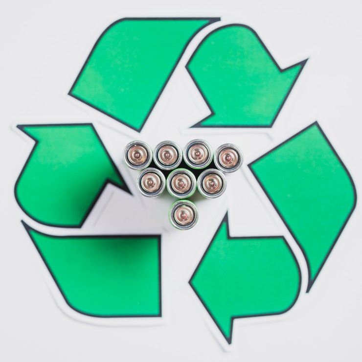 Photo gratuit vue surélevée des piles dans le symbole de recyclage sur fond blanc