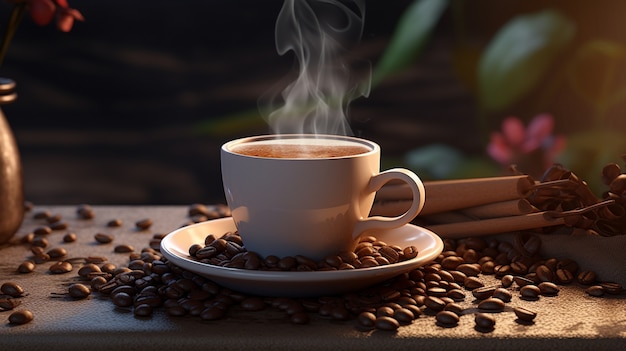 Vue de la tasse de café avec des grains de café torréfiés