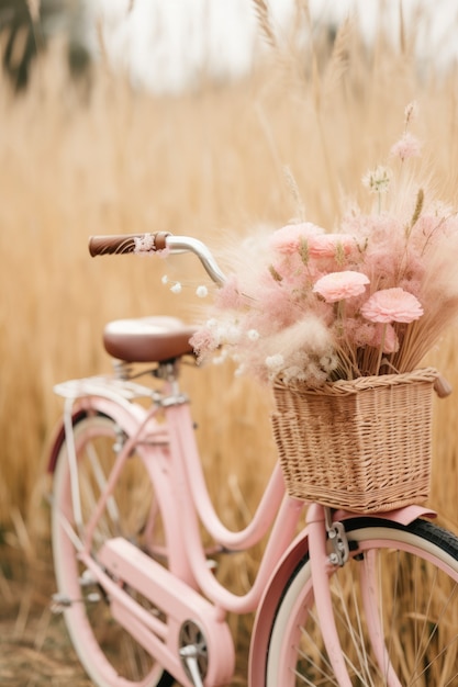 Vue sur vélo avec panier de fleurs