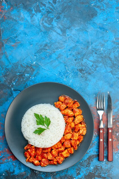 Vue verticale d'un délicieux repas de riz avec des couverts de poulet vert et tomate sur fond bleu