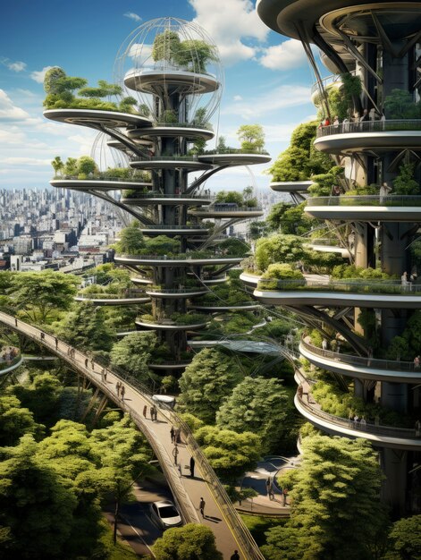 Vue sur une ville futuriste avec beaucoup de végétation et de verdure