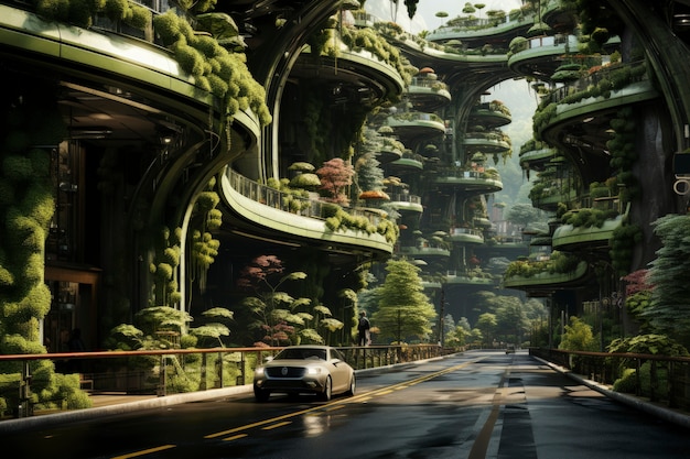 Photo gratuite vue sur une ville futuriste avec beaucoup de végétation et de verdure