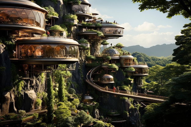 Vue sur une ville futuriste avec beaucoup de végétation et de verdure