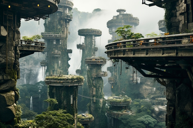 Photo gratuite vue sur une ville futuriste avec beaucoup de végétation et de verdure