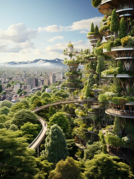 Vue sur une ville futuriste avec beaucoup de végétation et de verdure