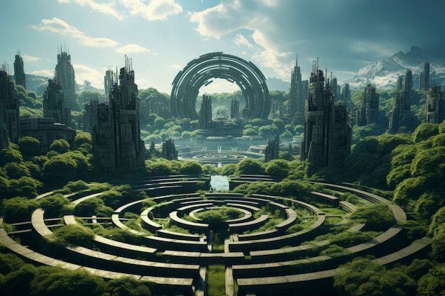 Photo gratuite vue d'une ville futuriste avec verdure et végétation