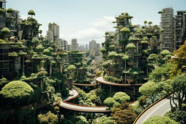 Photo gratuite vue d'une ville futuriste avec verdure et végétation