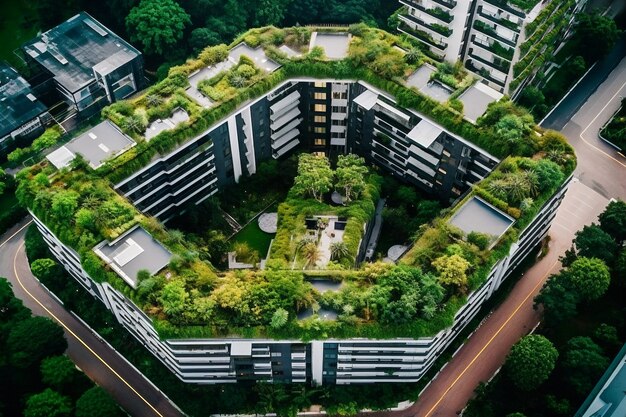 Vue de la ville avec des immeubles d'appartements et de la végétation verte