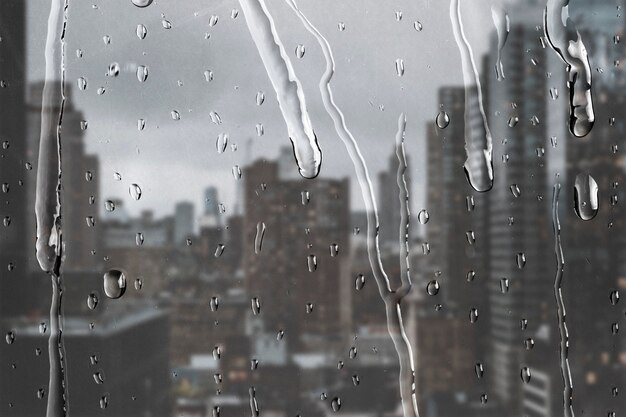 Vue sur la ville à travers la fenêtre avec des gouttes de pluie