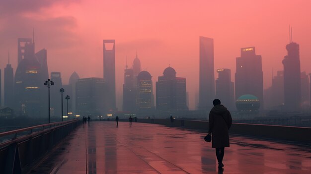 Vue de la ville urbaine avec brouillard