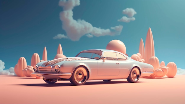 Photo gratuite vue d'une voiture 3d avec un paysage abstrait