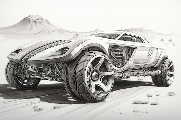 Photo gratuit vue d'une voiture 3d en style croquis