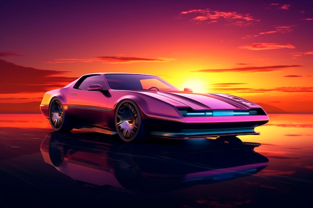 Vue d'une voiture tridimensionnelle avec le coucher de soleil en arrière-plan
