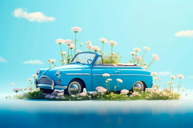 Photo gratuite vue d'une voiture tridimensionnelle avec des fleurs