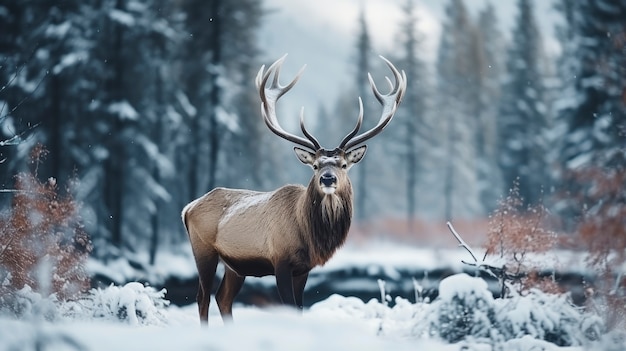 Photo gratuite vue des wapitis avec paysage naturel d'hiver