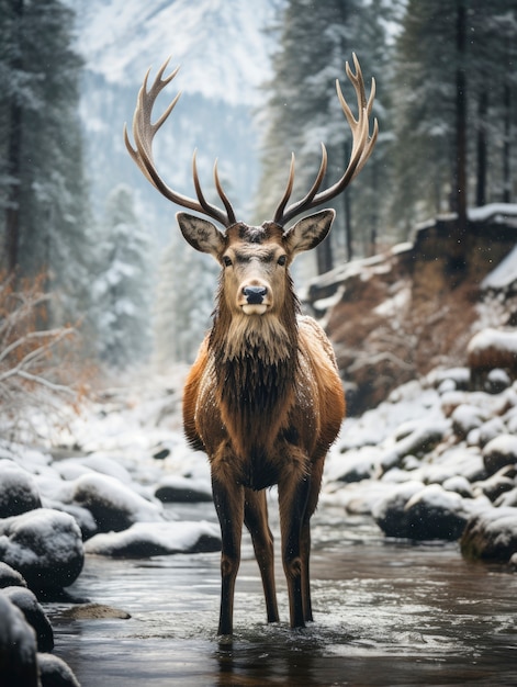 Photo gratuite vue des wapitis avec paysage naturel d'hiver