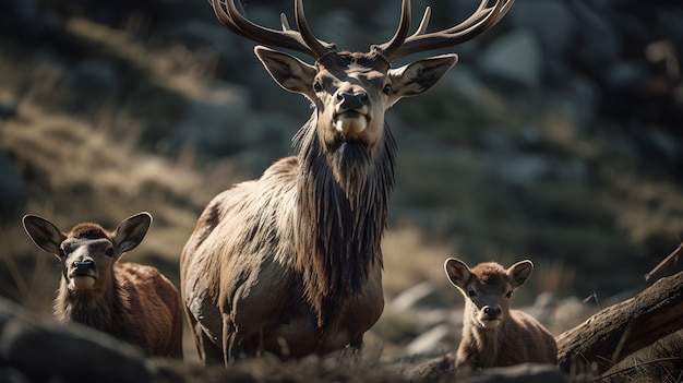 Photo gratuite vue sur les wapitis sauvages errant dans le paysage naturel