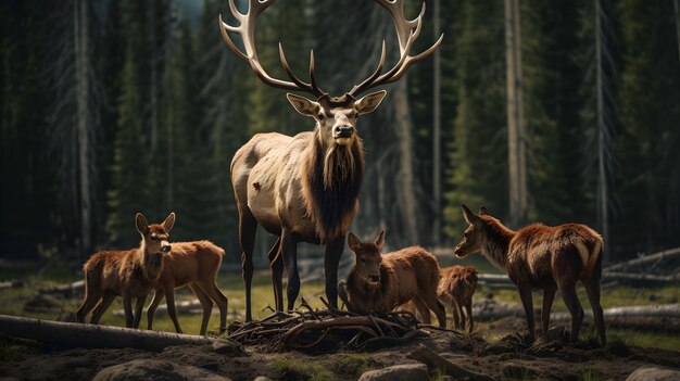 Vue sur les wapitis sauvages errant dans le paysage naturel