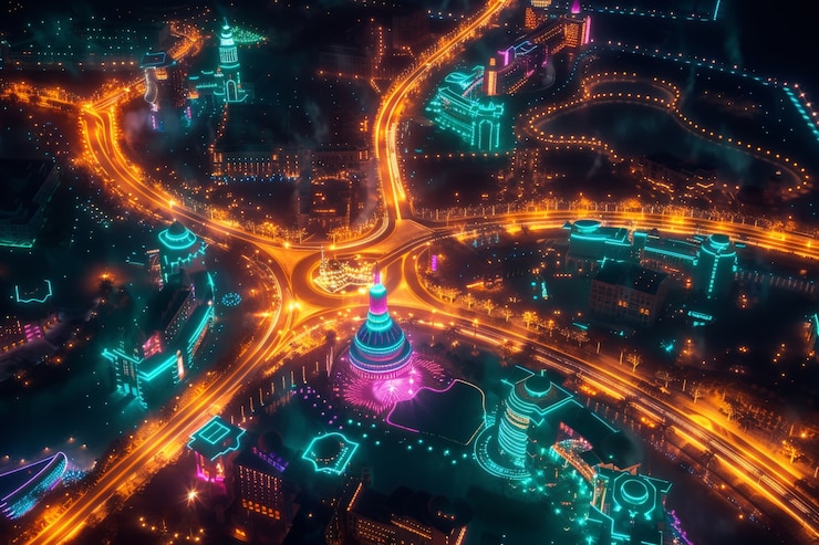 Photo gratuit vues panoramiques de la ville de dubaï éclairées dans un spectre de néon