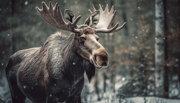 Photo gratuite wapiti à cornes dans la forêt d'hiver neigeant la tranquillité générée par l'ia