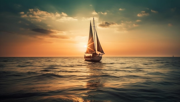Un yacht à voile glisse dans la silhouette du coucher du soleil générée par l'IA