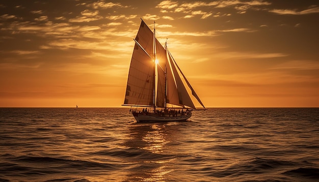 Un yacht à voile glisse à travers un paysage marin tranquille au coucher du soleil généré par l'IA