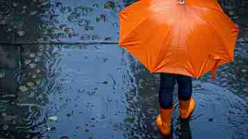 Photo gratuite young child enjoying childhood happiness by playing in the puddle of water after rain