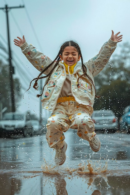 Photo gratuite young child enjoying childhood happiness by playing in the puddle of water after rain