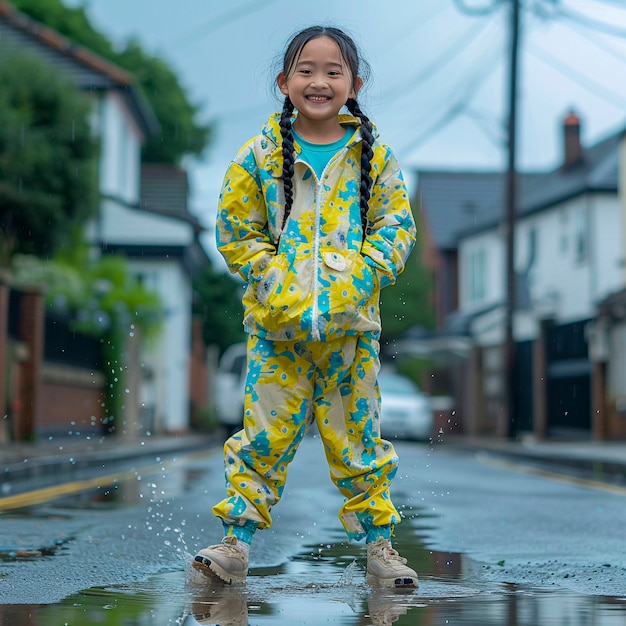 Photo gratuite young child enjoying childhood happiness by playing in the puddle of water after rain
