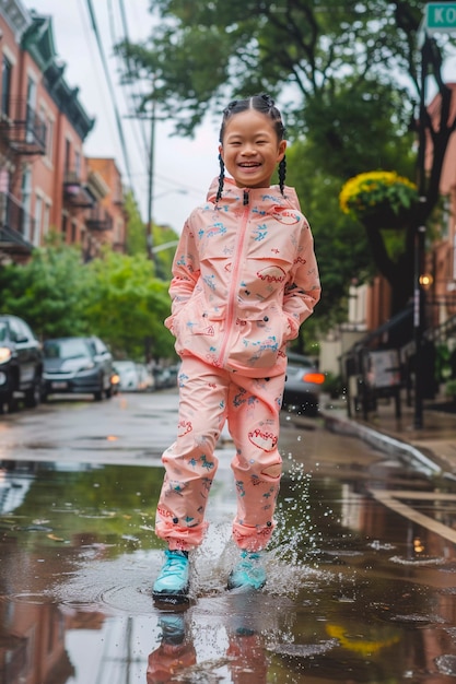 Photo gratuite young child enjoying childhood happiness by playing in the puddle of water after rain