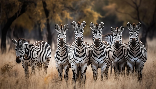 Zèbre rayé debout dans une rangée sur la savane générée par l'IA