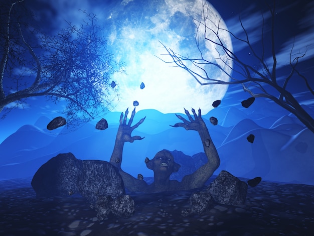 Zombie maléfique 3D surgit du sol contre un paysage d&#39;Halloween