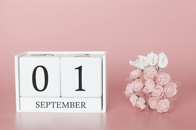 01 septembre. Jour 1 du mois. Cube de calendrier sur fond rose moderne, concept de commerce et événement important.